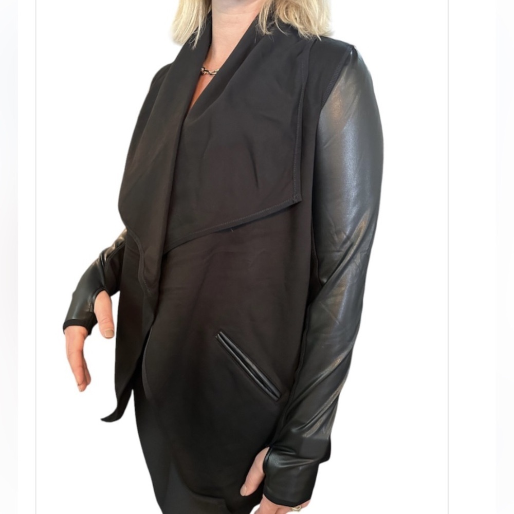Mono B Black Draped Knit Cardigan with Faux Leather Sleeves